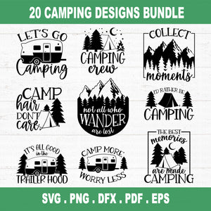 This Camping SVG Bundle has a bunch of designs for your next outdoor adventure. It's got images of campers, mountains, travel, the outdoors, hiking, camping, camp life, and campfires. These designs are great for making your own outdoor gear and accessories.