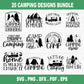 This Camping SVG Bundle has a bunch of designs for your next outdoor adventure. It's got images of campers, mountains, travel, the outdoors, hiking, camping, camp life, and campfires. These designs are great for making your own outdoor gear and accessories.