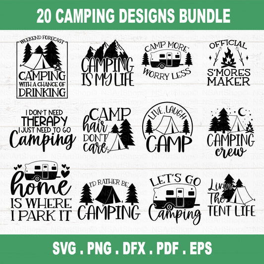 This Camping SVG Bundle has a bunch of designs for your next outdoor adventure. It's got images of campers, mountains, travel, the outdoors, hiking, camping, camp life, and campfires. These designs are great for making your own outdoor gear and accessories.