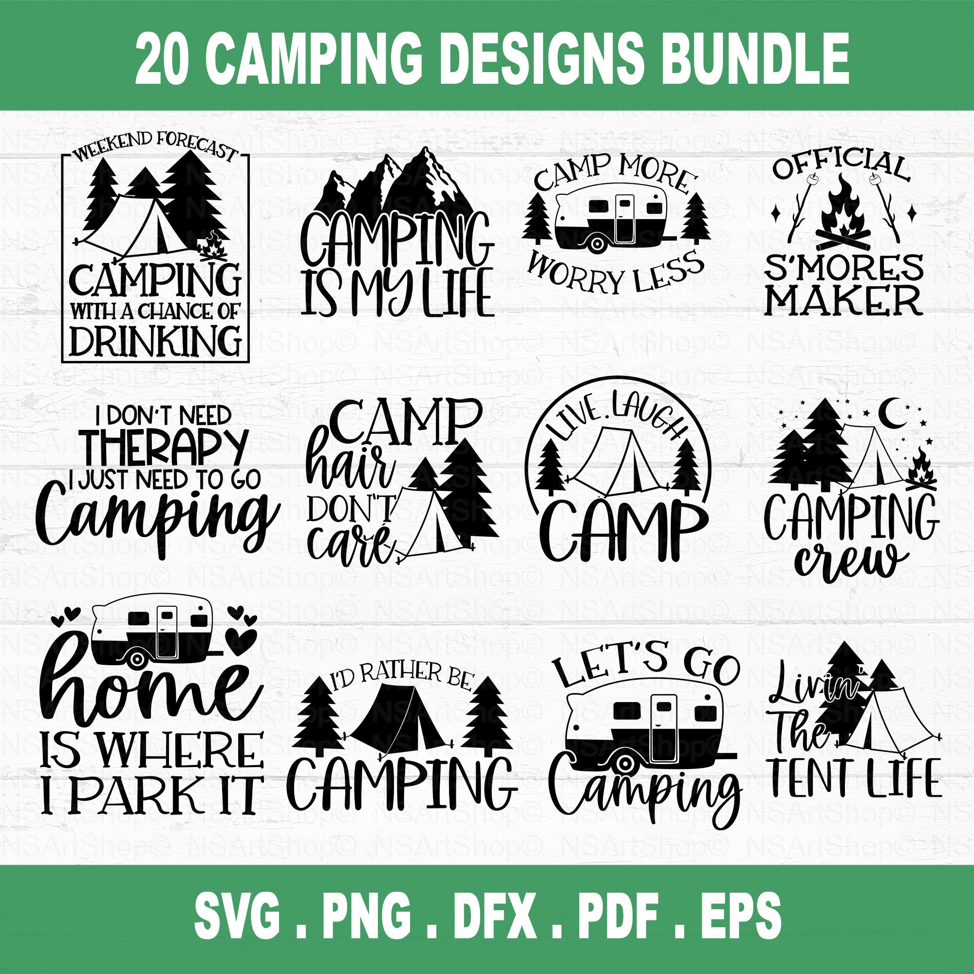 This Camping SVG Bundle has a bunch of designs for your next outdoor adventure. It's got images of campers, mountains, travel, the outdoors, hiking, camping, camp life, and campfires. These designs are great for making your own outdoor gear and accessories.