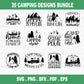 This Camping SVG Bundle has a bunch of designs for your next outdoor adventure. It's got images of campers, mountains, travel, the outdoors, hiking, camping, camp life, and campfires. These designs are great for making your own outdoor gear and accessories.