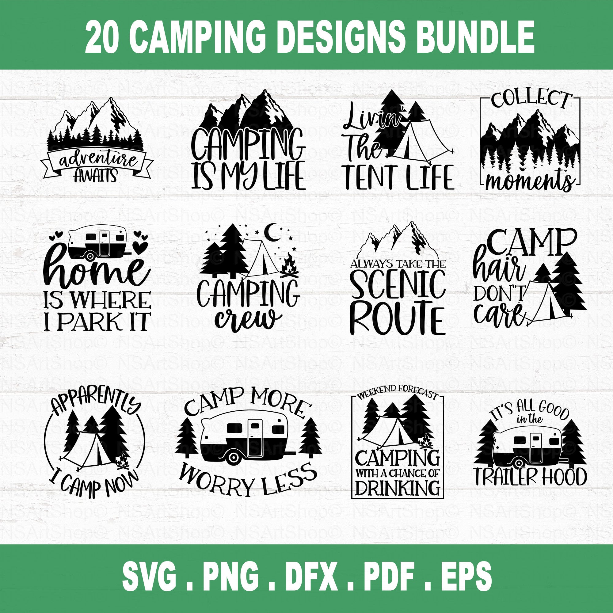 This Camping SVG Bundle has a bunch of designs for your next outdoor adventure. It's got images of campers, mountains, travel, the outdoors, hiking, camping, camp life, and campfires. These designs are great for making your own outdoor gear and accessories.