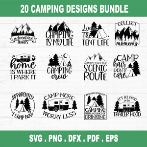 This Camping SVG Bundle has a bunch of designs for your next outdoor adventure. It's got images of campers, mountains, travel, the outdoors, hiking, camping, camp life, and campfires. These designs are great for making your own outdoor gear and accessories.