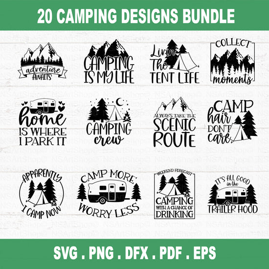 This Camping SVG Bundle has a bunch of designs for your next outdoor adventure. It's got images of campers, mountains, travel, the outdoors, hiking, camping, camp life, and campfires. These designs are great for making your own outdoor gear and accessories.