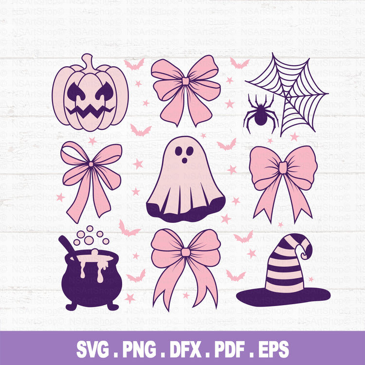 Pink Halloween SVG with bows that include pumpkin and ghost. as well as a Ghost with witch hat and cauldron. All of that comes together with pink bows.