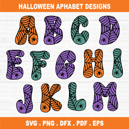 spider web alphabet letters svg file for Cricut. Orange, purple and teal colours and simple for beginners