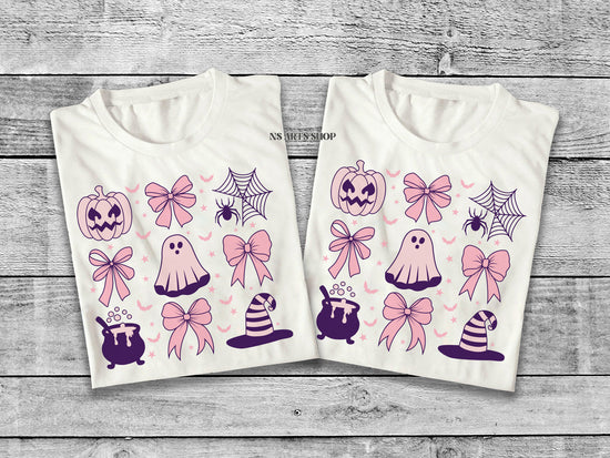 Pink Halloween SVG with bows that include pumpkin and ghost. as well as a Ghost with witch hat and cauldron. All of that comes together with pink bows.