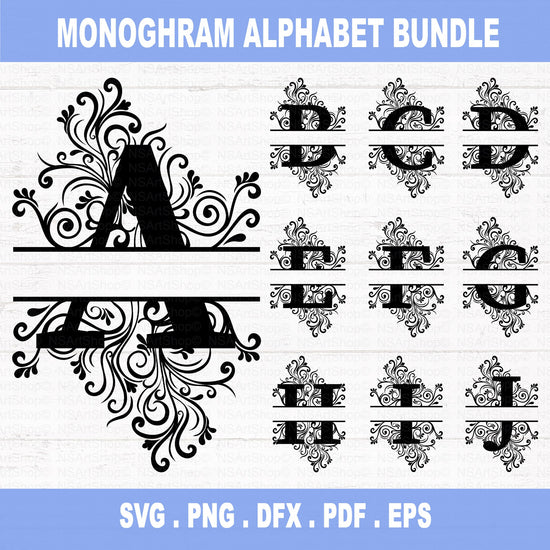 floral split monogram alphabet letters SVG Bundle