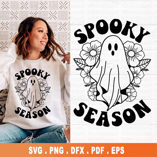 cute ghost with flowers with retro spooky season svg file