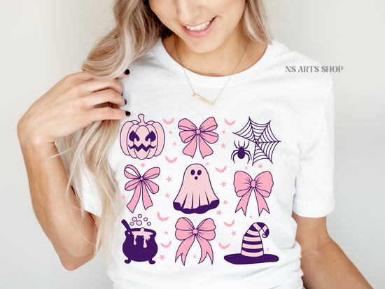 Pink Halloween SVG with bows that include pumpkin and ghost. as well as a Ghost with witch hat and cauldron. All of that comes together with pink bows.