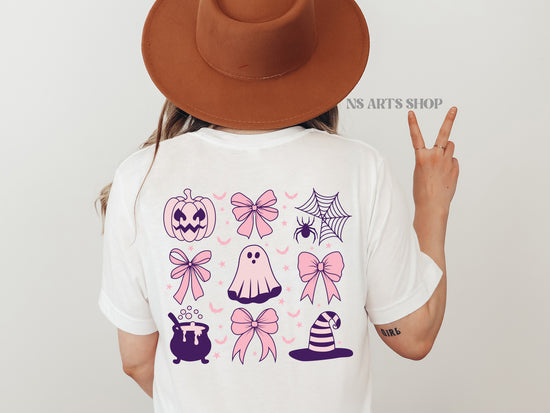 Pink Halloween SVG with bows that include pumpkin and ghost. as well as a Ghost with witch hat and cauldron. All of that comes together with pink bows.