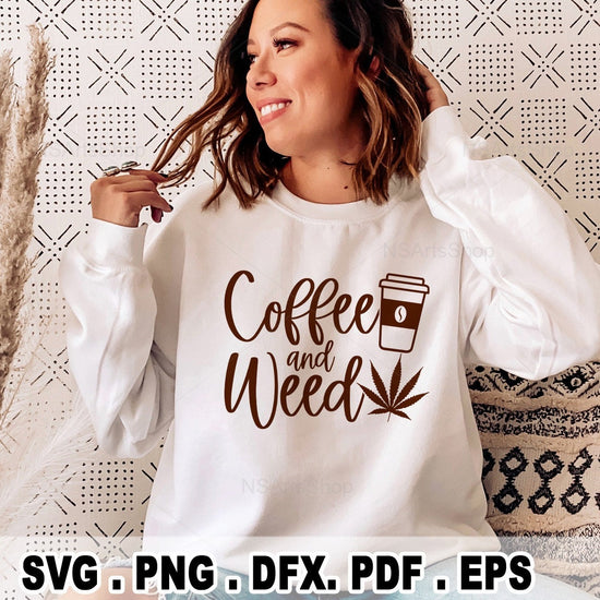 coffee and weed svg cut file with green marijuana leaf and a cup of coffee