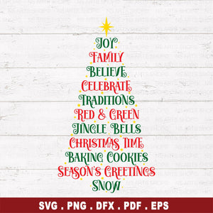 Christmas tree svg with lots of Christmas quotes. It's a great way to add some holiday cheer to your Christmas tree