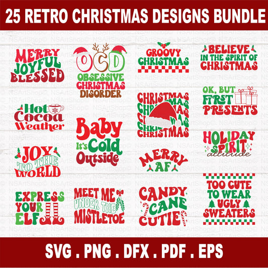 Christmas svg bundle retro style with red and green colors