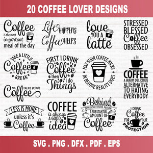 Here's a mega coffee quotes SVG bundle with over 100 designs for any coffee lover. The retro designs look great on T-shirts, mugs, signs, etc. Resize and change colors as needed.