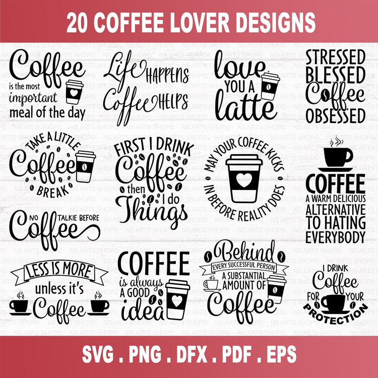 Here's a mega coffee quotes SVG bundle with over 100 designs for any coffee lover. The retro designs look great on T-shirts, mugs, signs, etc. Resize and change colors as needed.