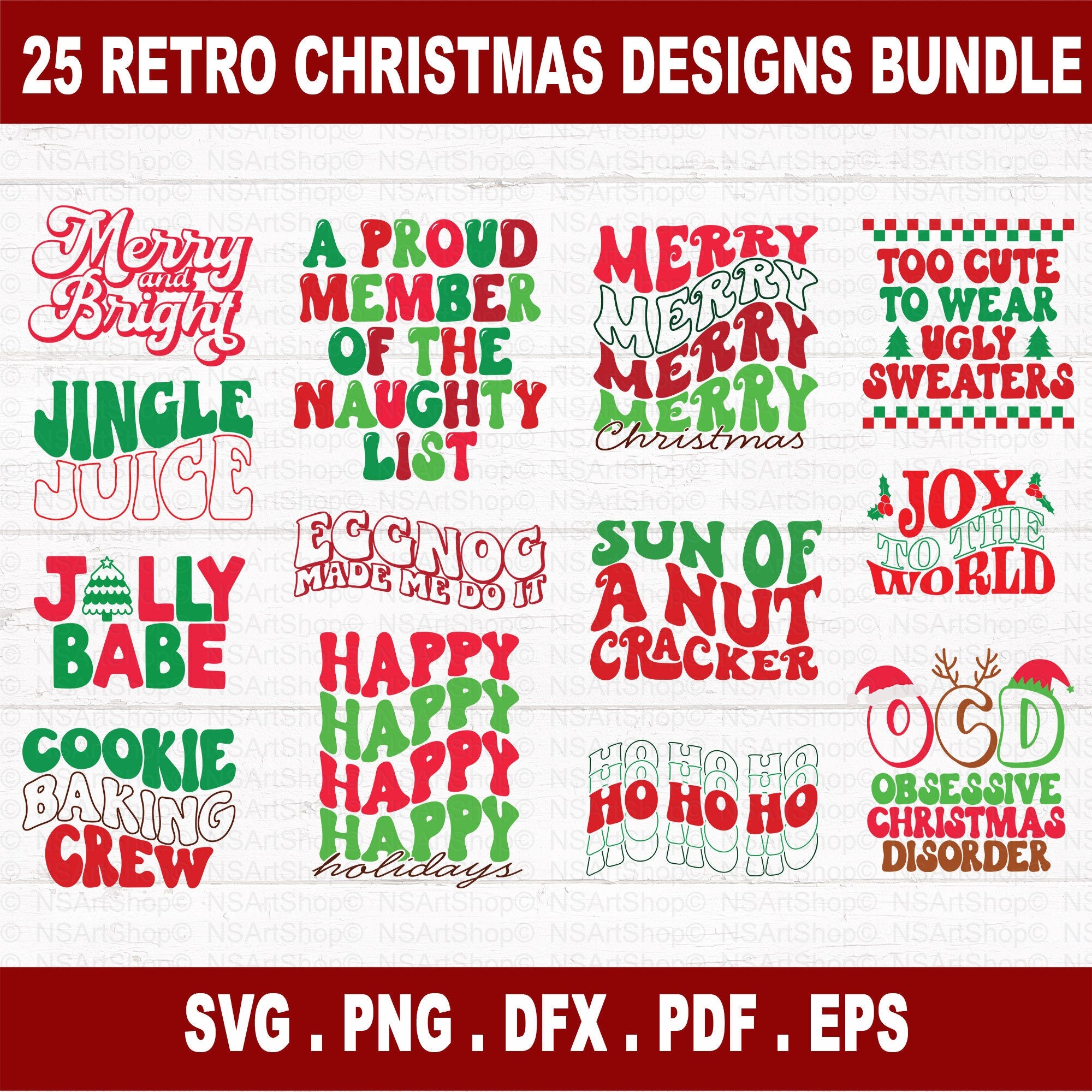 Christmas svg bundle retro style with red and green colors