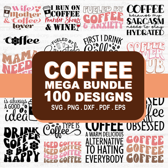 Mega coffee quotes SVG bundle with over 100 designs for any coffee lover. The retro designs look great on T-shirts, mugs, signs, etc. Resize and change colors as needed.