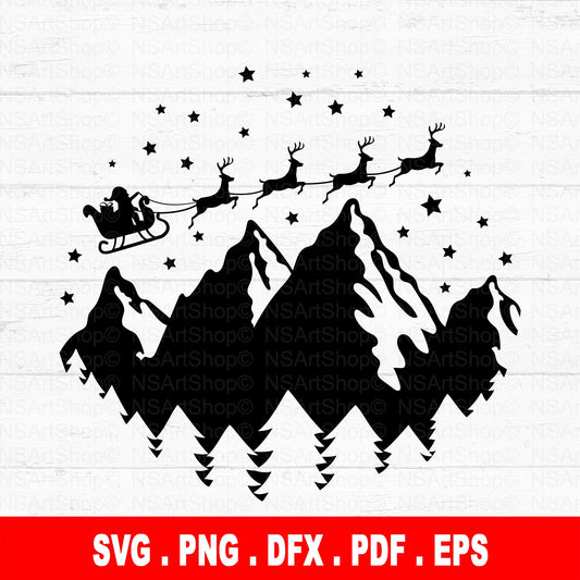 Christmas ornament svg with santa on his sleigh flying over the mountains 