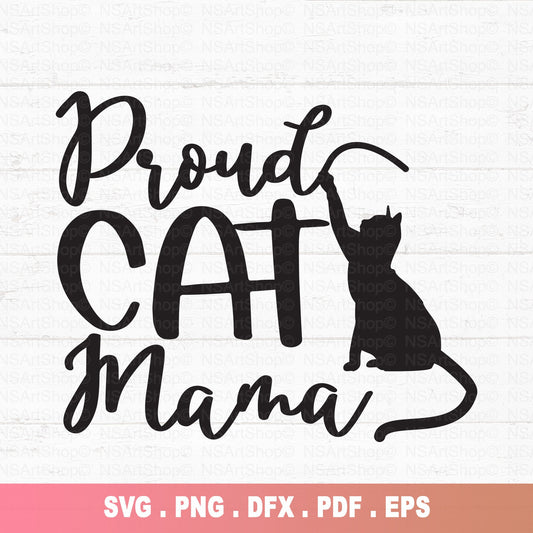 Cat mom svg cut file. a simple black design with a playing cat