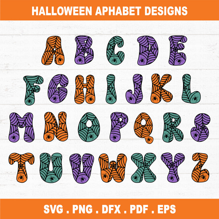 Spider web svg letters alphabet letters svg file for Cricut. Orange, purple and teal colours and simple for beginners