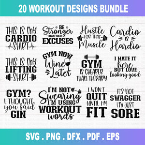 Workout and gym and fitness SVG Bundle! 20 funny and motivational quotes for gym lover. Our file is compatible with Cricut and silhouette cameo cutting machine.  You can make shirt, wood sign, mug, tumbler, card, and more.