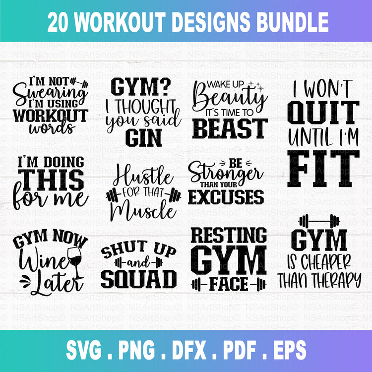 Workout and gym and fitness SVG Bundle! 20 funny and motivational quotes for gym lover. Our file is compatible with Cricut and silhouette cameo cutting machine.  You can make shirt, wood sign, mug, tumbler, card, and more.